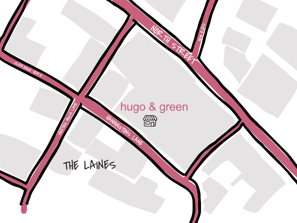 Illustrated map showing hugo & green on Hanningtons Lane, near The Lanes in Brighton